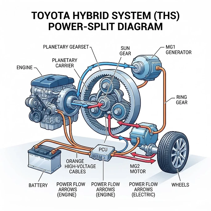 Diagram of how a Power-Split Hybrid (Planetary Gearset) works