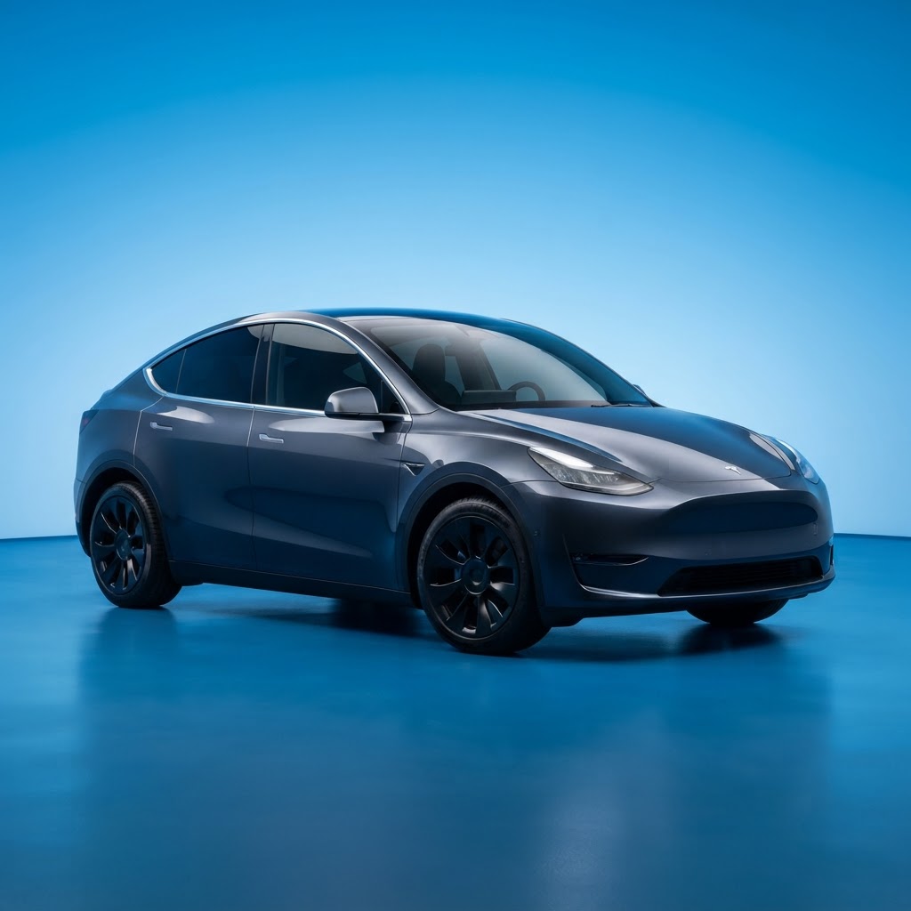 The 2026 Tesla Model Y in a dynamic studio setting.