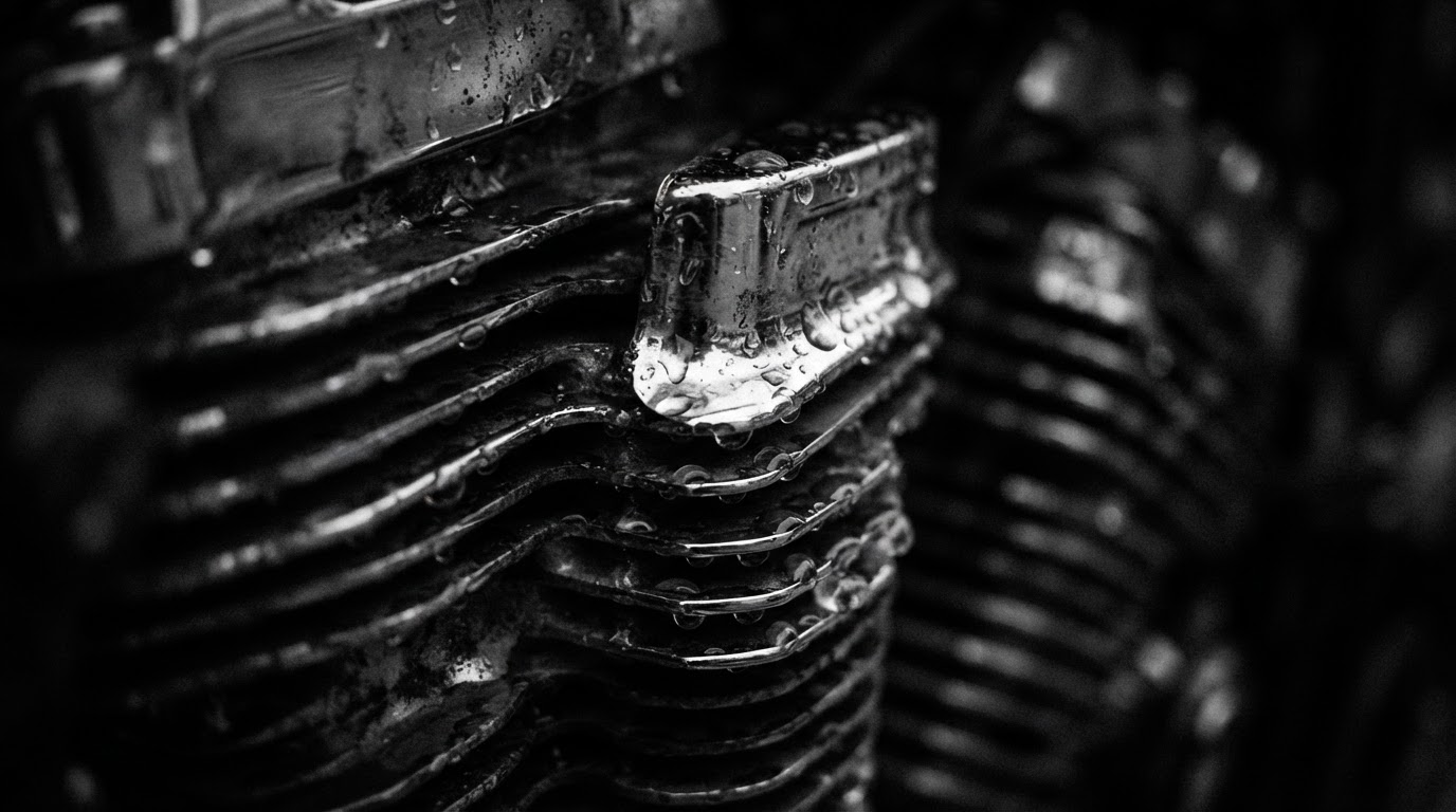 Chrome motorcycle engine cooling fin close-up