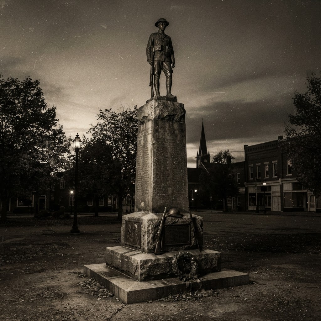 Historical war memorial monument in an American town square