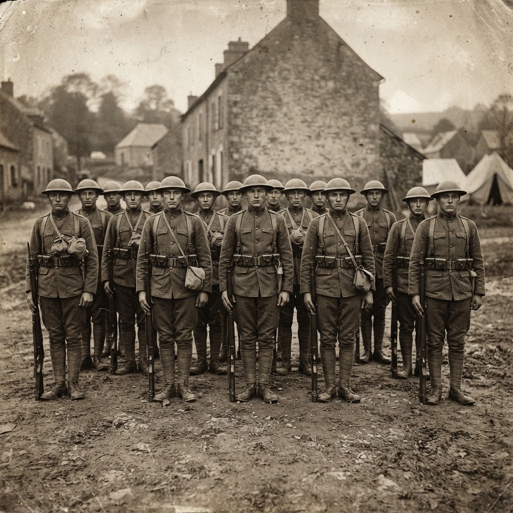 Sepia-toned World War I American soldiers standing at attention