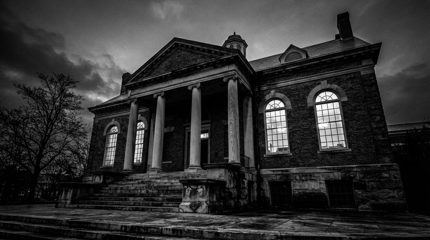 Classic American community hall at dusk