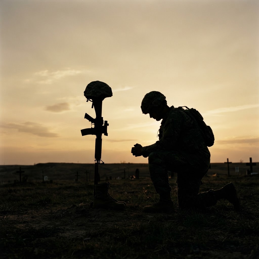 Silhouette of a soldier kneeling in prayer before a battlefield cross
