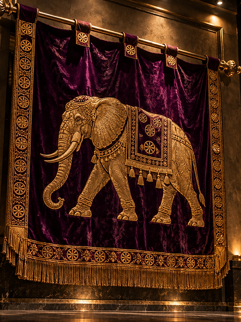 Royal purple tapestry embroidered with a golden elephant, hung on a black marble wall