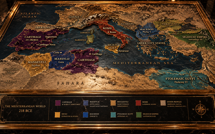 Relief map of the Mediterranean world in 218 BCE — Rome, Carthage, Numidia, Iberia, Egypt