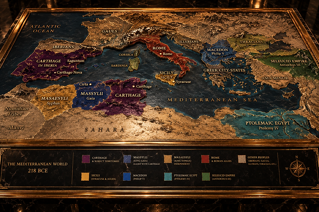 Relief map of the Mediterranean world in 218 BCE
