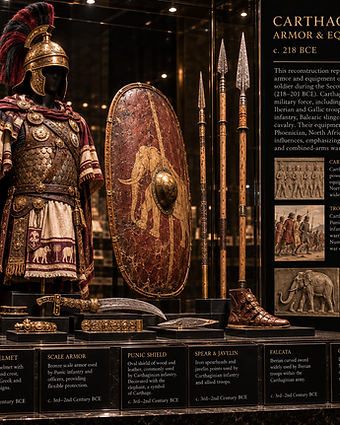 Carthaginian armor and equipment — bronze scale armor, helmet, elephant shield, javelins