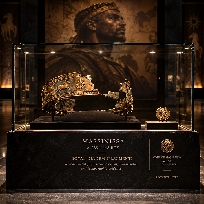 Massinissa's fragmented royal diadem on velvet with a coin of Massinissa, beneath a dim portrait of the king