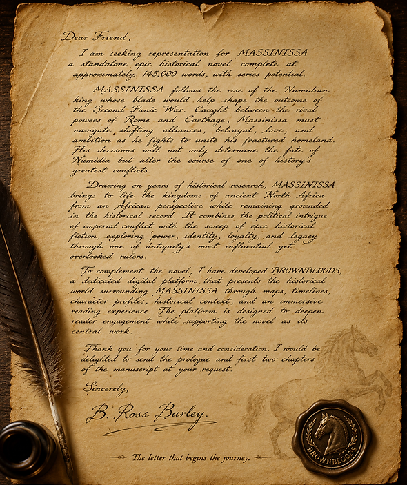 MASSINISSA query letter from B. Ross Burley, handwritten on parchment with quill, inkwell, and BROWNBLOODS wax seal