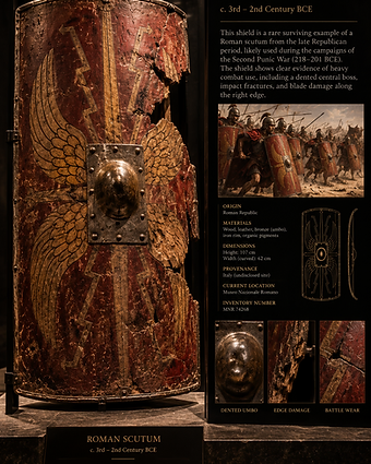 The Roman scutum — a surviving Republican legionary shield with combat damage, museum placard display