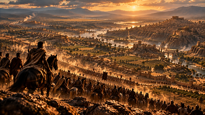 ACT III KINGDOM — an army overlooking the royal city at sunset