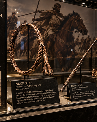 Numidian horse control — braided neck rein, riding stick and tack in a museum display case