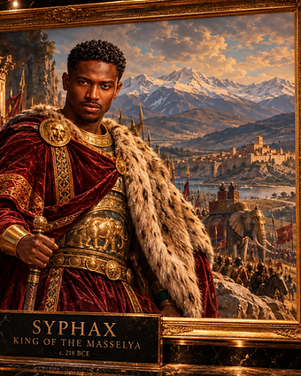 Syphax, King of the Masselya — framed exhibit with bio panel, territory map and coinage