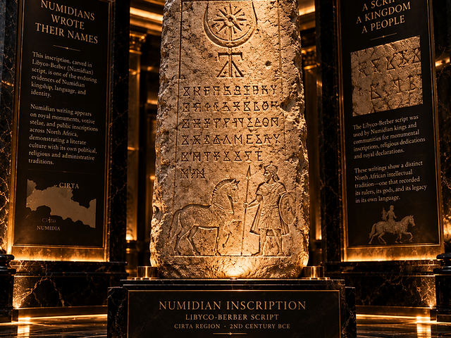Numidian inscription display — Libyco-Berber script stele from the Cirta region