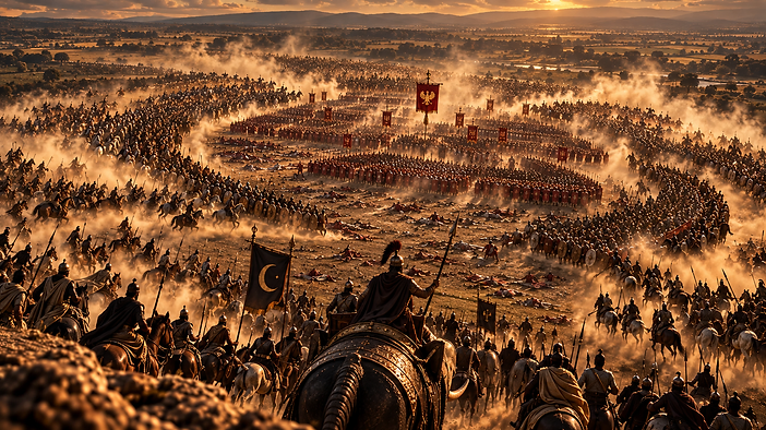 ACT II FIRE — Hannibal's crescent on the field of Cannae at golden hour