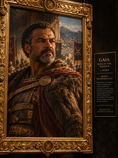 Portrait of Gaia, King of the Massylii, in gilded frame with museum plaque