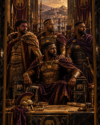 The Barca brothers — four royally armored men of the Barcid house before the harbor of Carthage