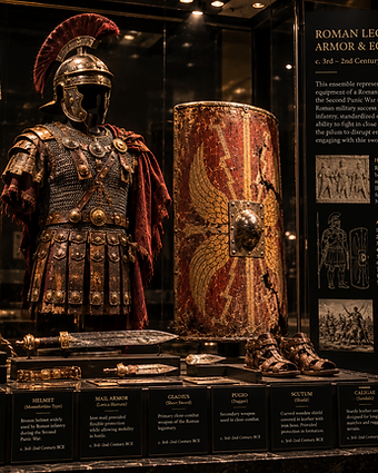 Roman legionary armor and equipment — Montefortino helmet, mail armor, red cloak, pilum, gladius and scutum in a museum vitrine