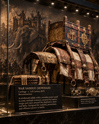 Carthaginian elephant war saddle (howdah) with harness fittings, spears and shield, in a glass museum case