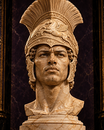 Marble bust of a helmeted king of the period, bronze-gold crested helmet with Pegasus motif