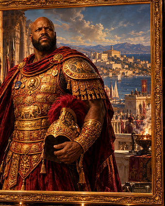 Hannibal Barca exhibit plaque — portrait of Hannibal in golden armor and red cloak before Carthage, with biography panel