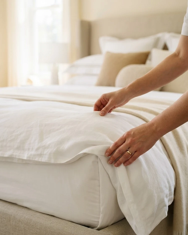Serene Sparkle bespoke cleaning expert preparing crisp white linens in a luxury Henderson home