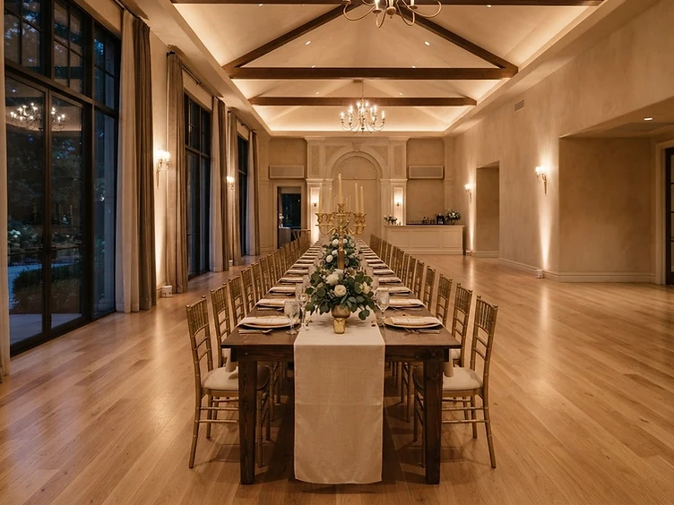 Event cleanup service in Las Vegas, elegant event space with long table, cream linens, and gold accents restored by Serene Sparkle