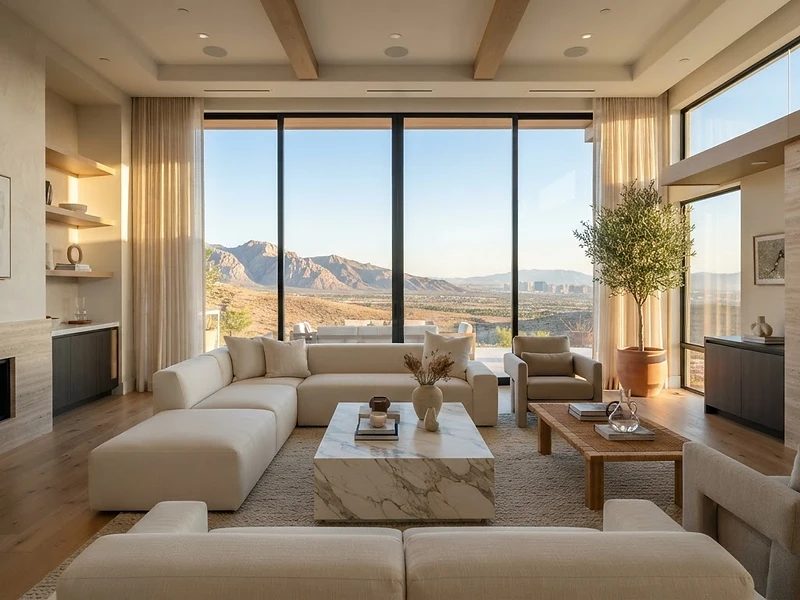 Serene Sparkle luxury house cleaning in Summerlin NV, sun-drenched pristine living room with marble surfaces