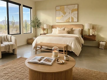 Vacation rental turnover cleaning in Las Vegas, beautifully styled rental with cream bedding and desert decor by Serene Sparkle