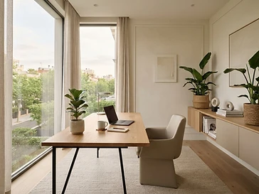 Commercial office cleaning in Henderson NV, minimalist luxury office with clean desk and natural wood surfaces by Serene Sparkle