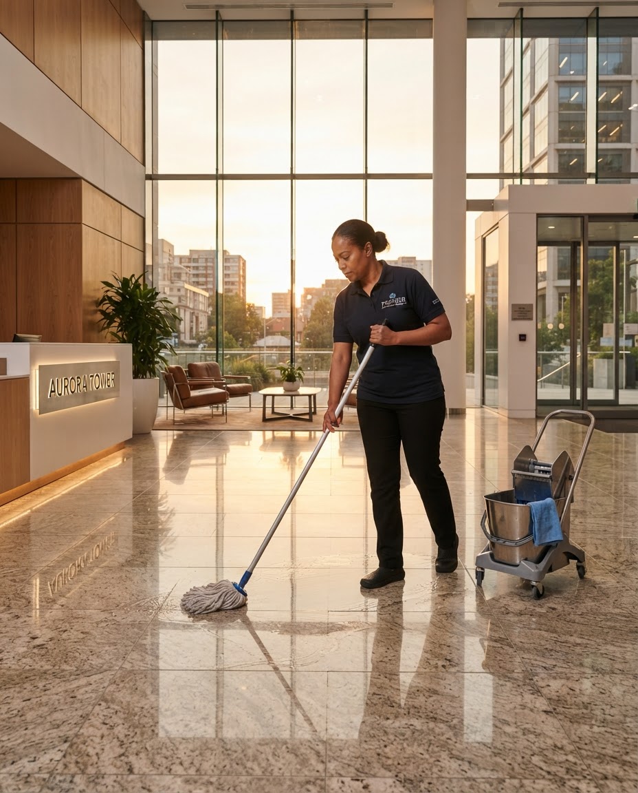 Professional cleaner mopping a polished office lobby floor