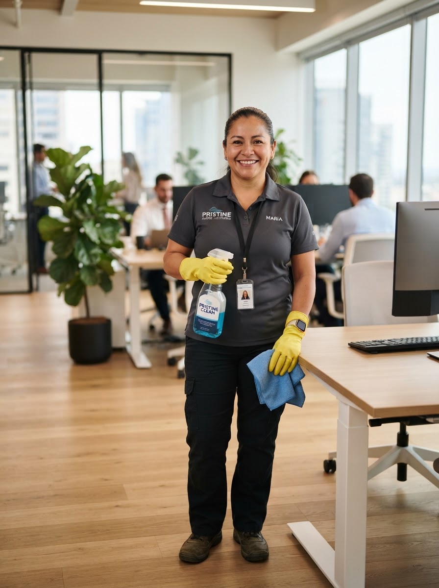 Smiling cleaning professional in uniform with yellow gloves