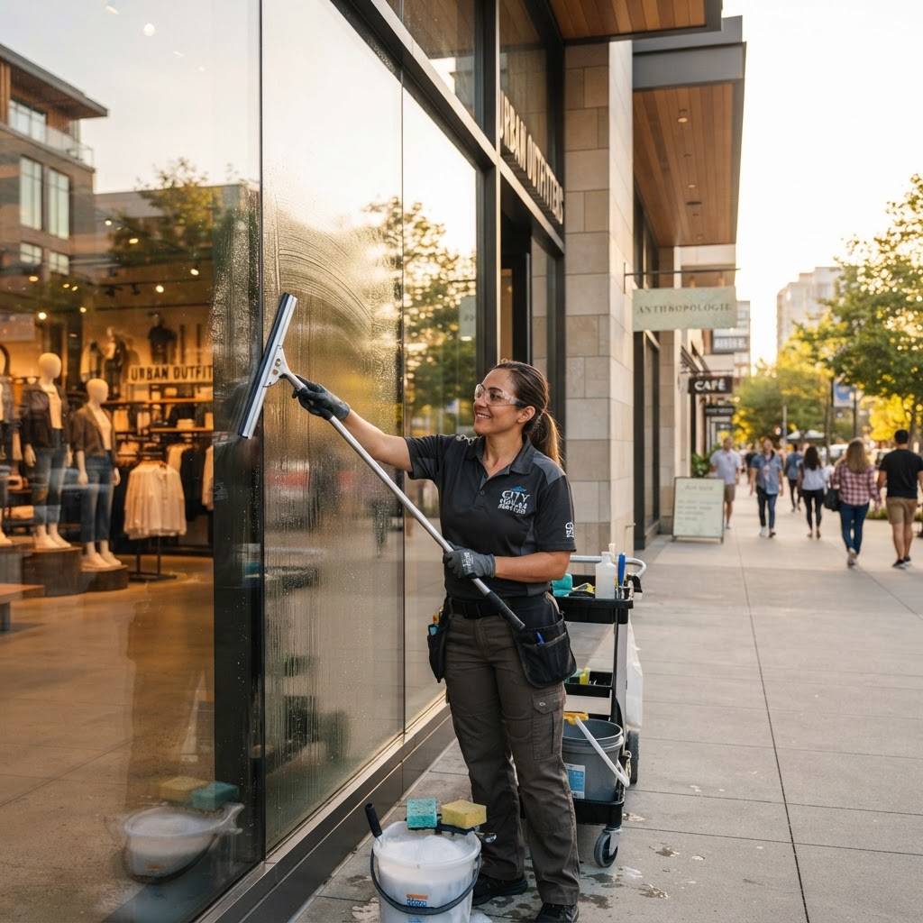 Professional cleaning a commercial storefront window