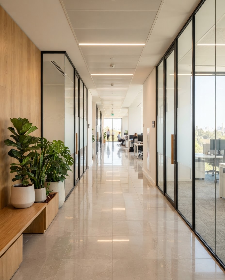 Clean modern office corridor with glass walls