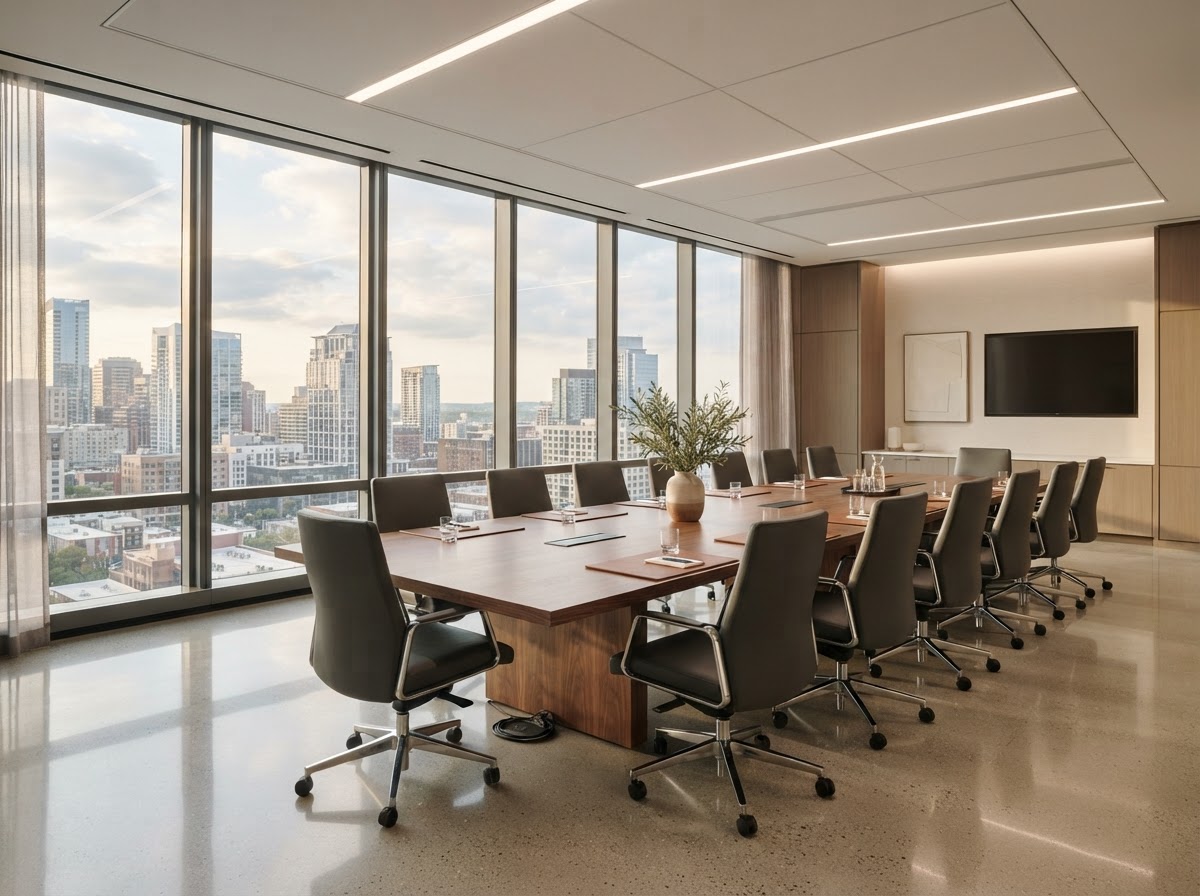 Modern conference room with a long table, spotless and polished
