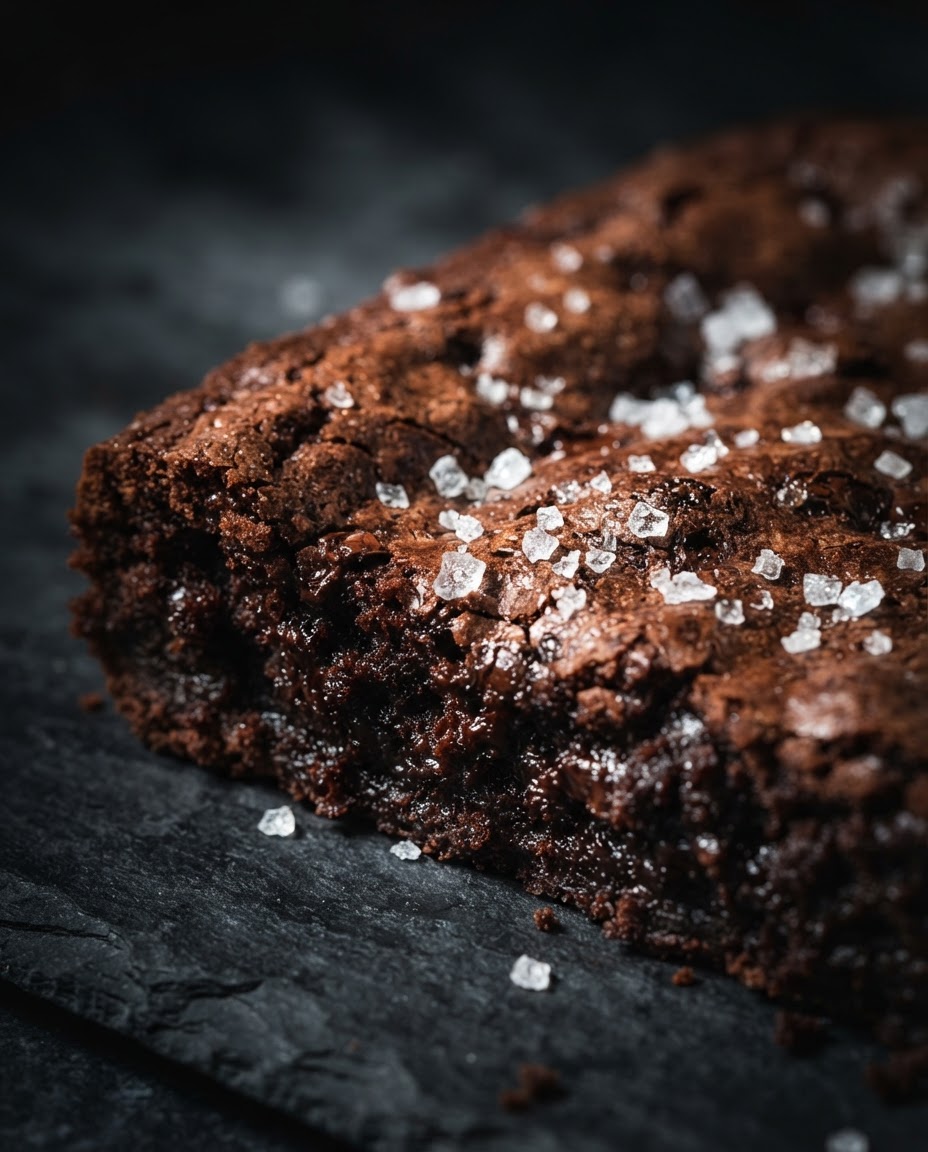 Macro shot of dark chocolate brownie with glistening sea salt crystals under dramatic spotlight