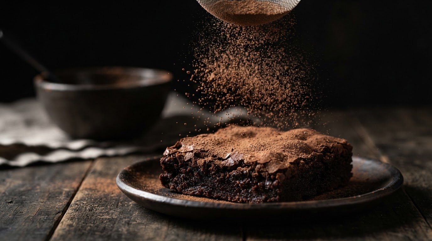 Cocoa powder being dusted over a dark chocolate brownie, frozen mid-air creating a cloud of fine powder