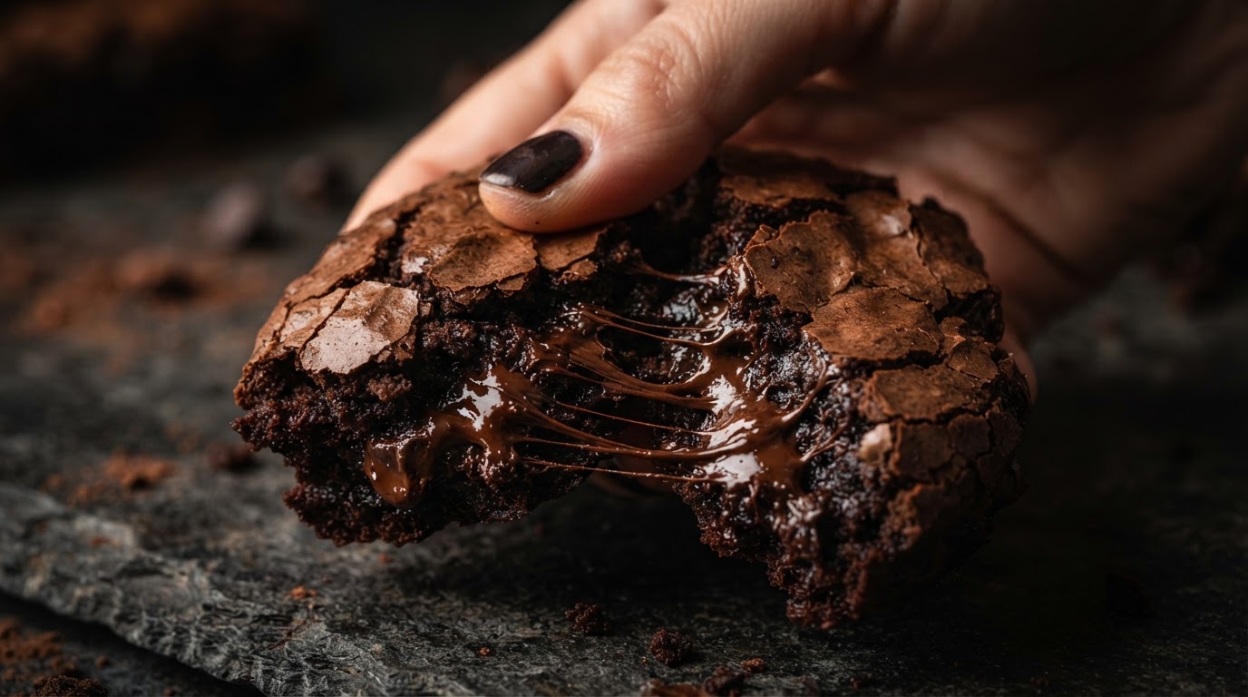 Close-up of a dense, dark chocolate brownie being broken apart revealing a fudgy, gooey interior