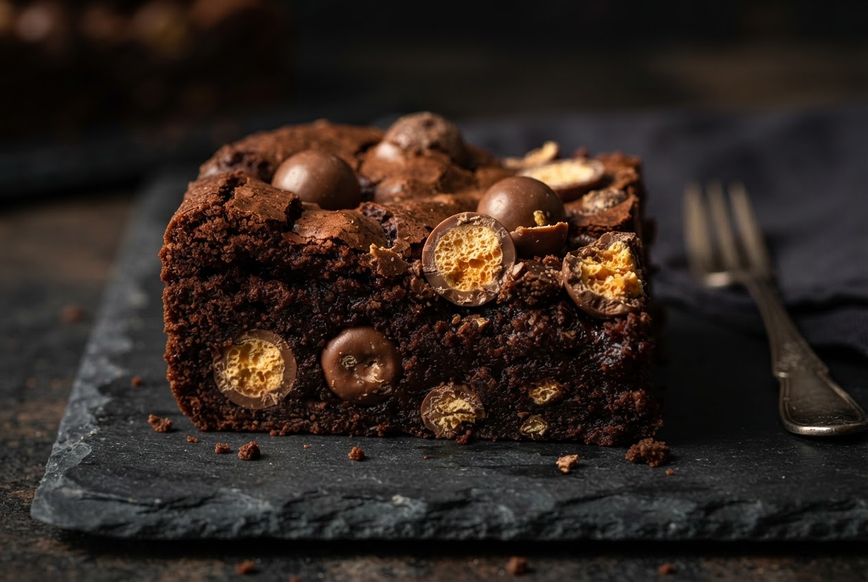 Rich dark chocolate brownie with Maltesers in dramatic lighting