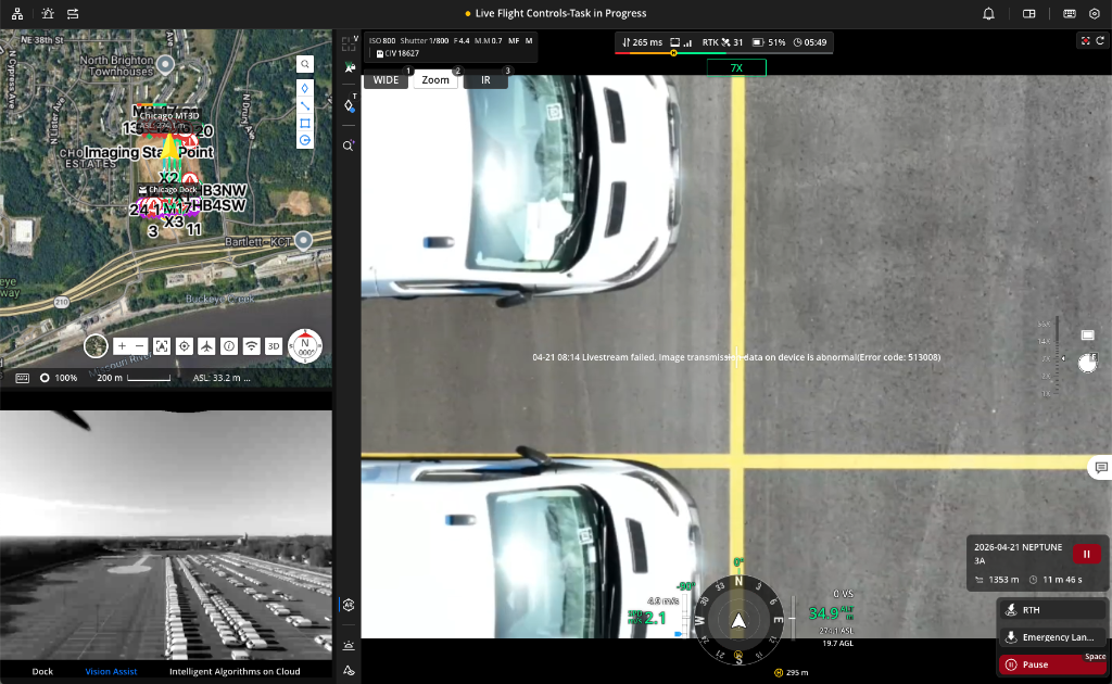 Enterprise drone mission interface showing aircraft position, live yard imagery, dock camera feed, and an active image-transmission exception.