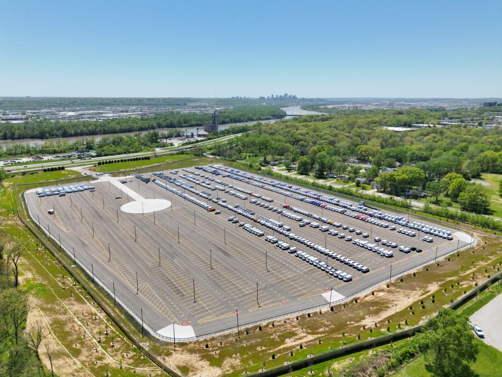 Aerial view of a large automotive logistics yard documented during an extended enterprise sUAS deployment.