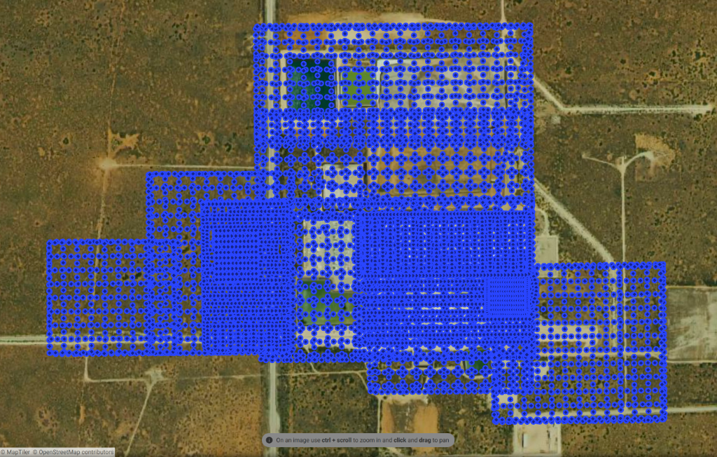 Aerial capture plan showing thousands of source-image locations across the Waste Isolation Pilot Plant in southeastern New Mexico.