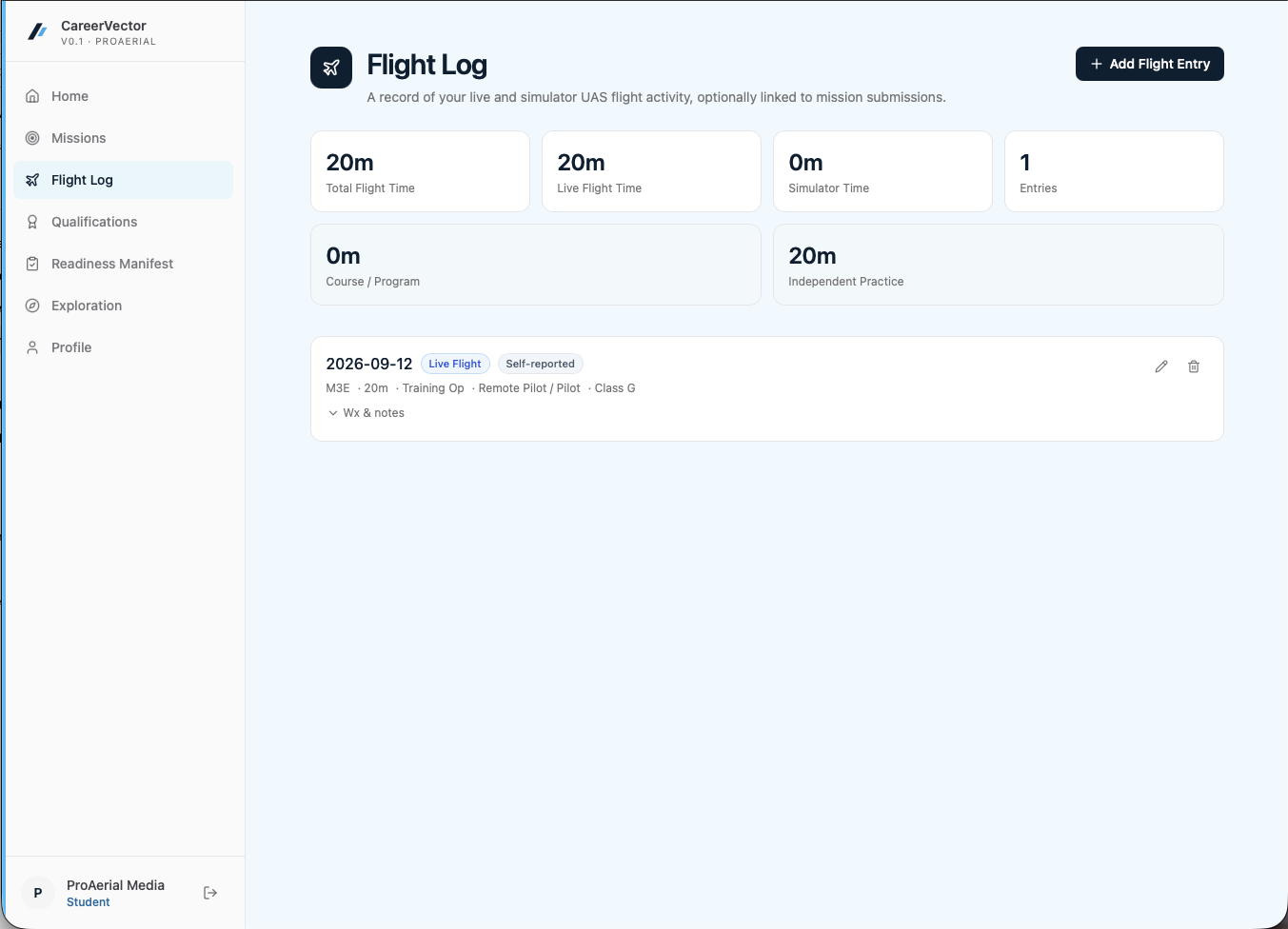 CareerVector v1.0 Student Flight Log interface showing total flight time, live and simulator time, course and independent practice, and a logged flight entry.