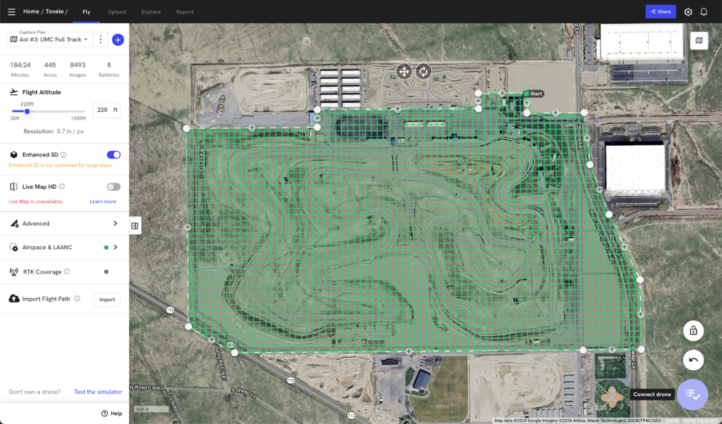Large-area drone mapping mission plan showing flight-grid coverage, altitude, acreage, image count, and automated capture path.