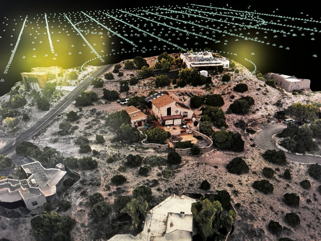 Three-dimensional point-cloud and photogrammetry model of buildings and surrounding terrain.