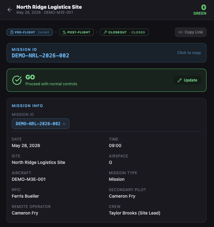 Turris CTRL connected mission record showing mission details, preflight decision, post-flight status, and closed mission state.