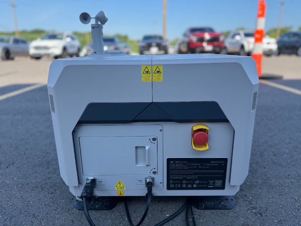 Rear service panel and field connections on an autonomous enterprise drone dock.