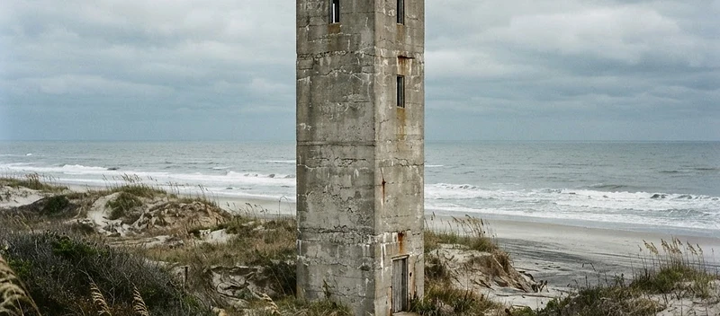 A Topsail Island Operation Bumblebee observation tower standing on the shoreline