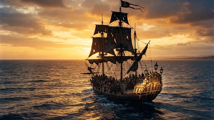 A pirate ship with black sails silhouetted against a golden Atlantic sunset