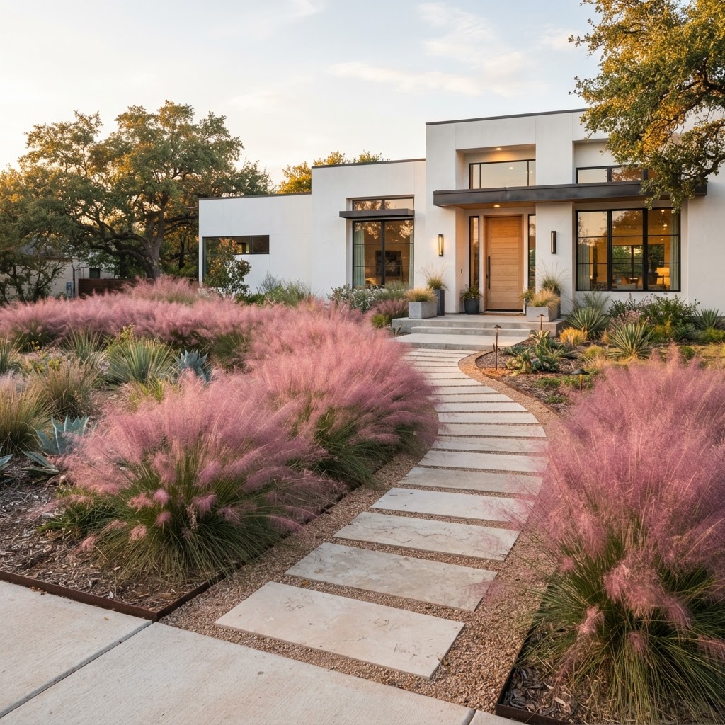 Pink muhly grass in full autumn bloom in a modern North Texas front yard landscape